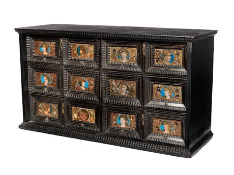 Ebenholz-Kabinett mit zwölf Schubladen mit Eglomisé-Kartuschen, V.B.L., zug.